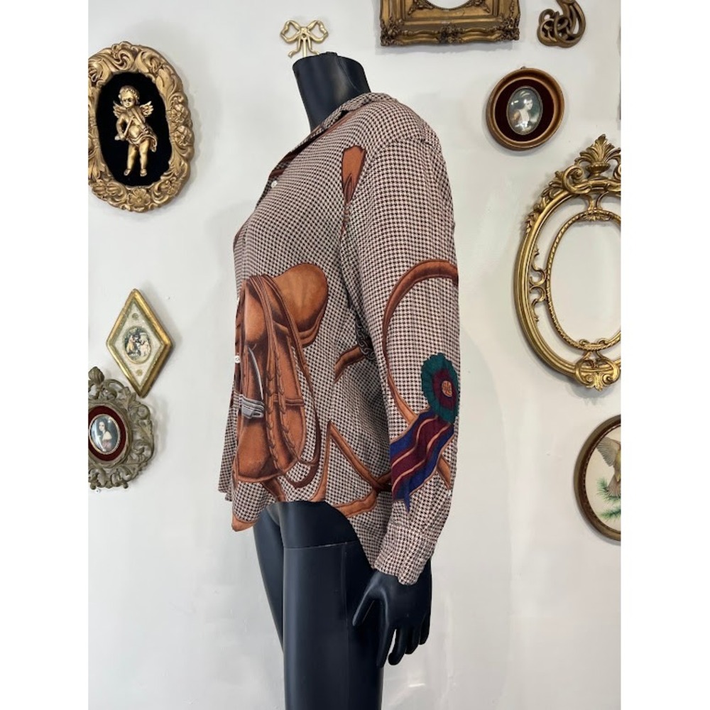 Vintage Ralph Lauren Equestrian Houndstooth Rayon Shirt Bergdorf Goodman Size 2